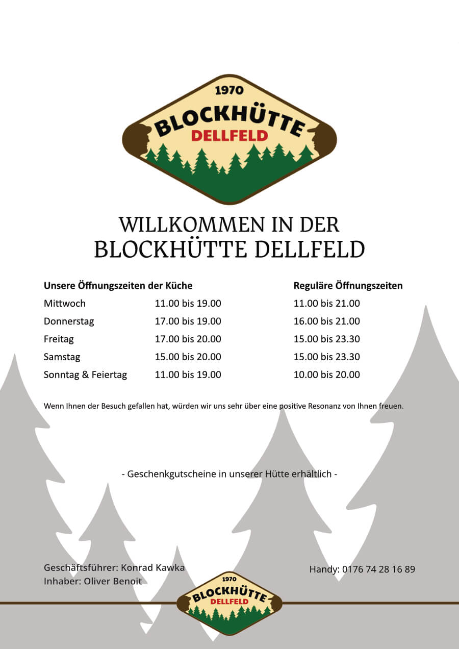 Speise und Getränkekarte - Blockhütte Dellfeld